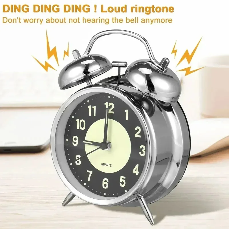 Super Loud Alarm Clock Metal Twin Bell Alarm Clock with Night Light Retro Bedside Clock Silent Table Desk Clocks for Home Bedroo