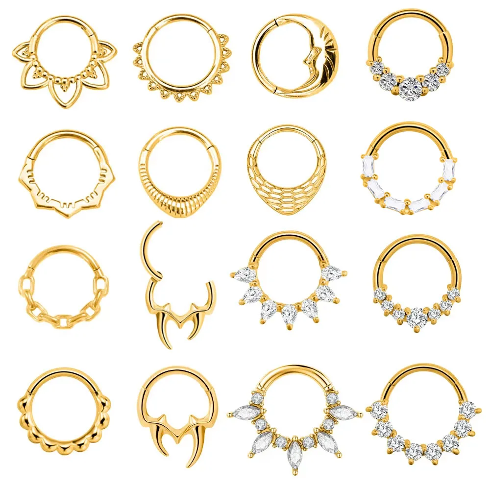 Flower Moon Waterdrop Tooth Septum Piercing Drop Clicker Segment Nose Rings Daith Conch Hoop Earring 316L Surgical Steel 16G