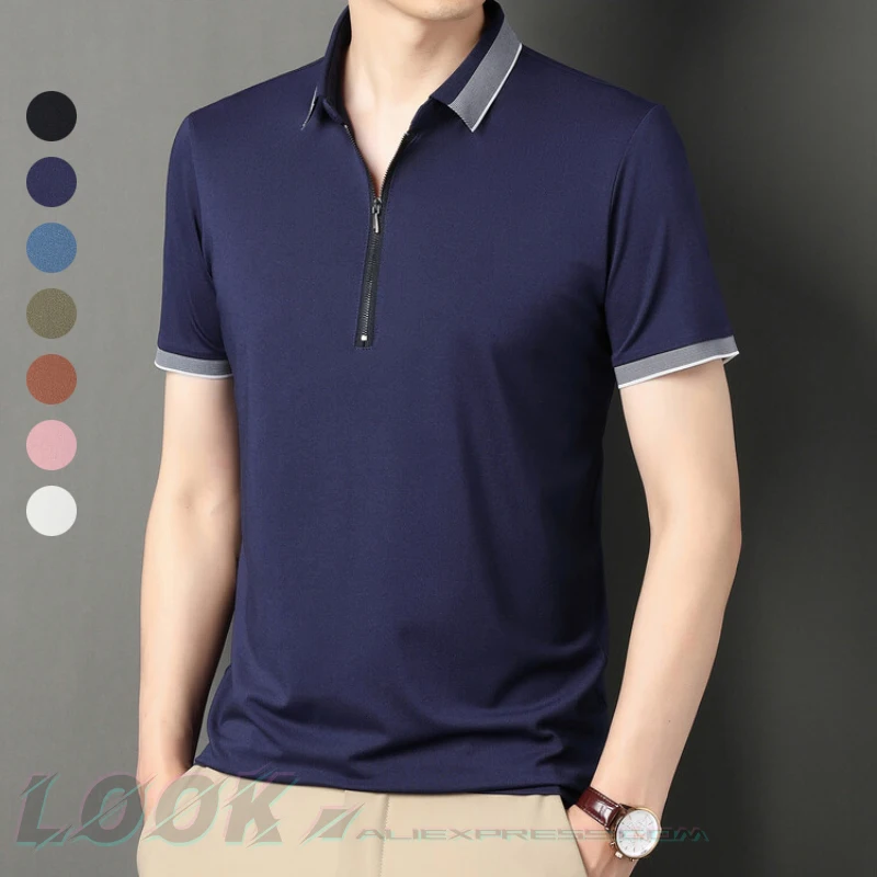 Zipper POLO Shirt Men's Solid Color Business Casual Daily Commute Breathable Top, Summer Short Sleeve T-shirt Can Be Stretched.