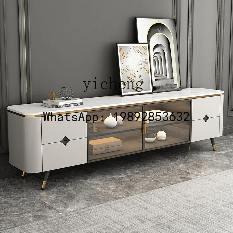 G1 light luxury rock panel TV cabinet living room with lamp tempered glass cabinet door floor cabinet storage