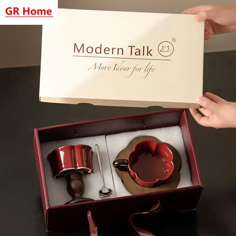 Christmas Gift-Boxed Stemmed Cups, Retro Ceramic Coffee & Dessert Cups, Ideal for Holiday Presents & Afternoon Tea