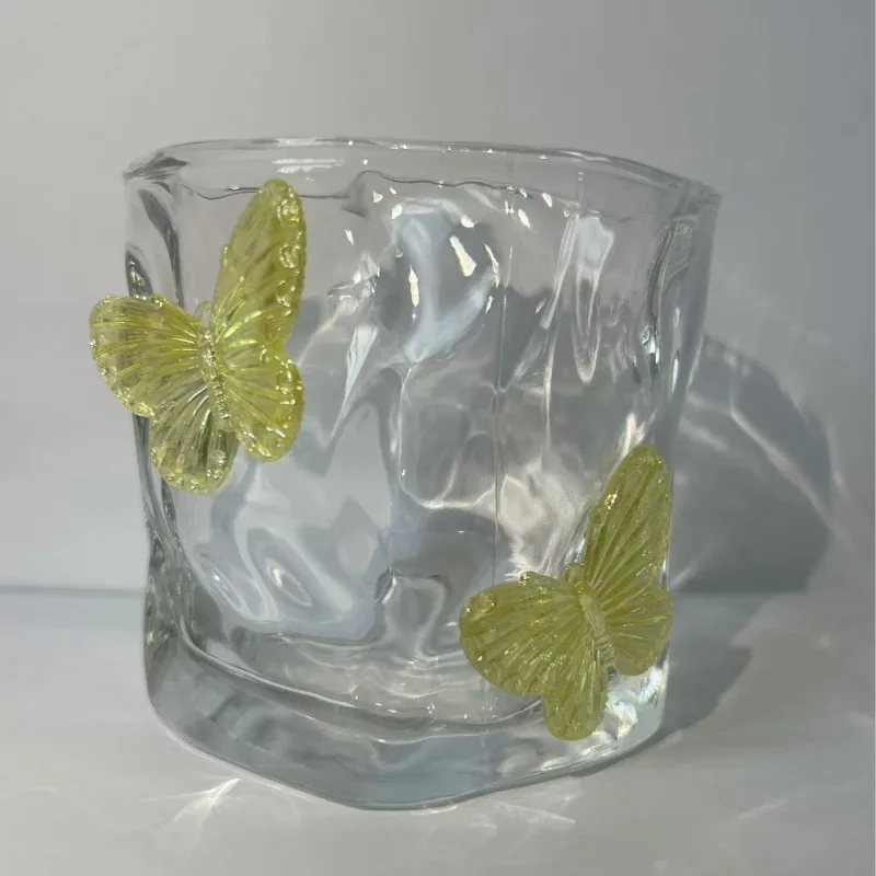 Irregular Shaped Glass Cup with 3D Butterfly Decor Ideal for Beverages and Tabletop Decoration Juice Whiskey Cup