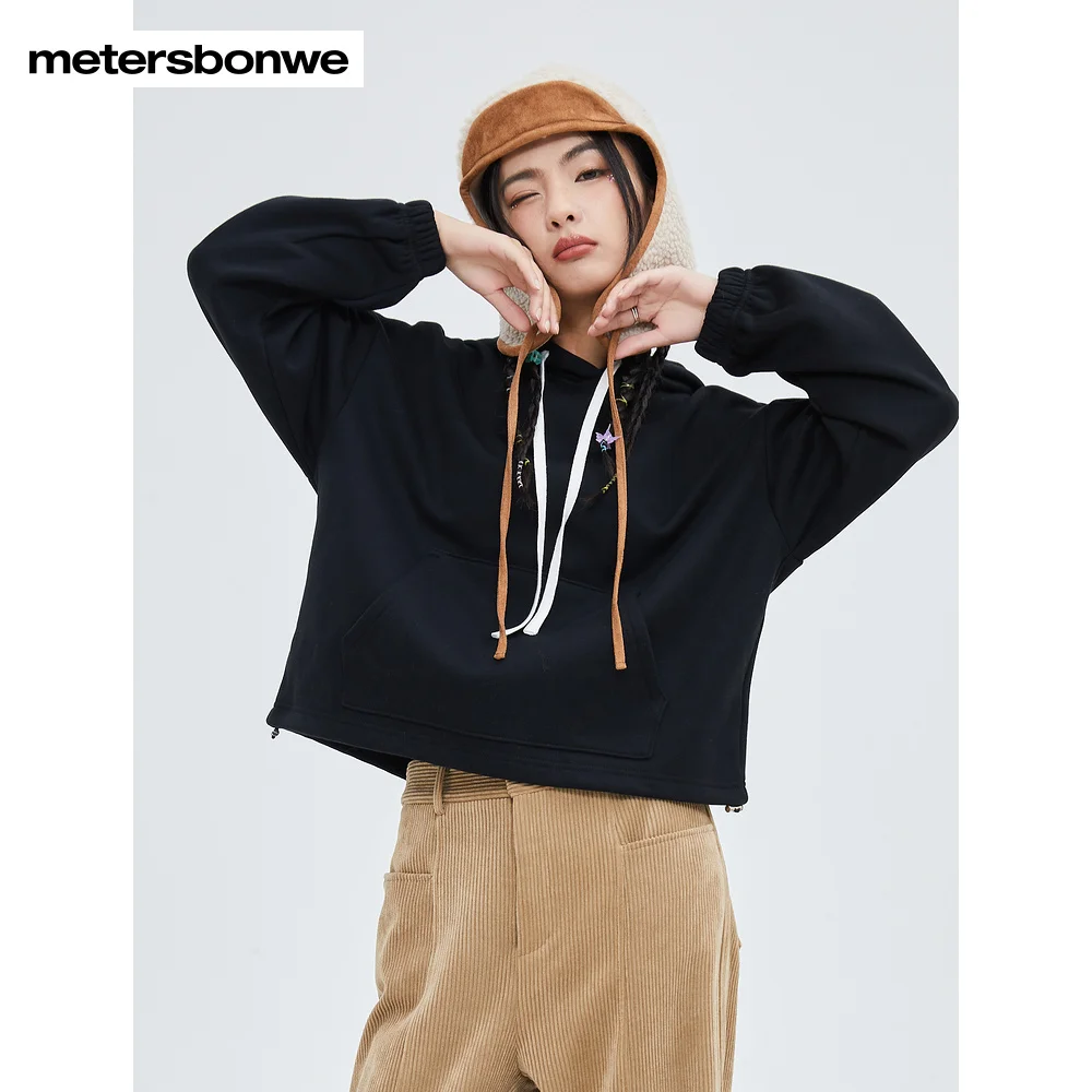 

Metersbonwe-Women's Thick Fleece Short Hoodie Solid Color Hem Elastic Loose Pullover With Hood Winter Warm Wear