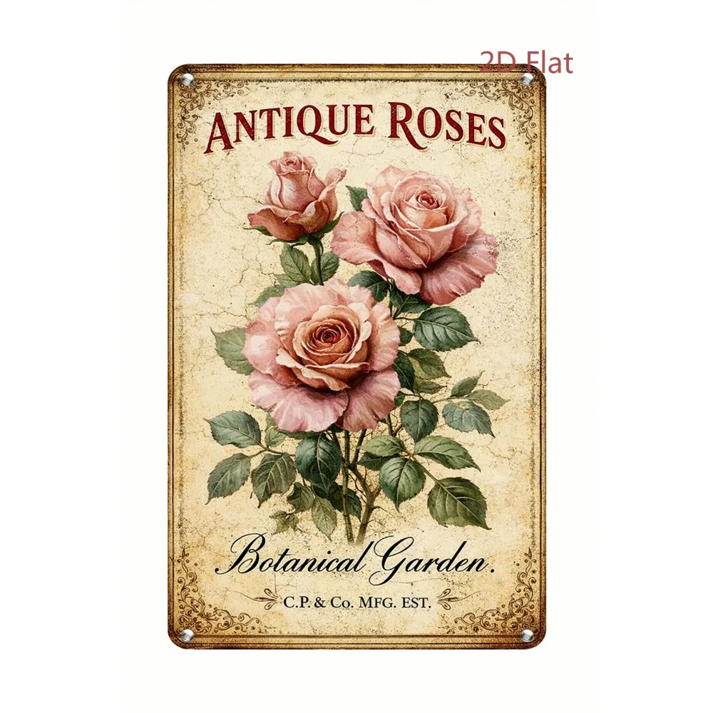 2D FLAT vintage Roses Botanical Garden Metal Sign | Vintage Floral Wall Decor, 8in x 12in, Wall Hanging, Metal Material