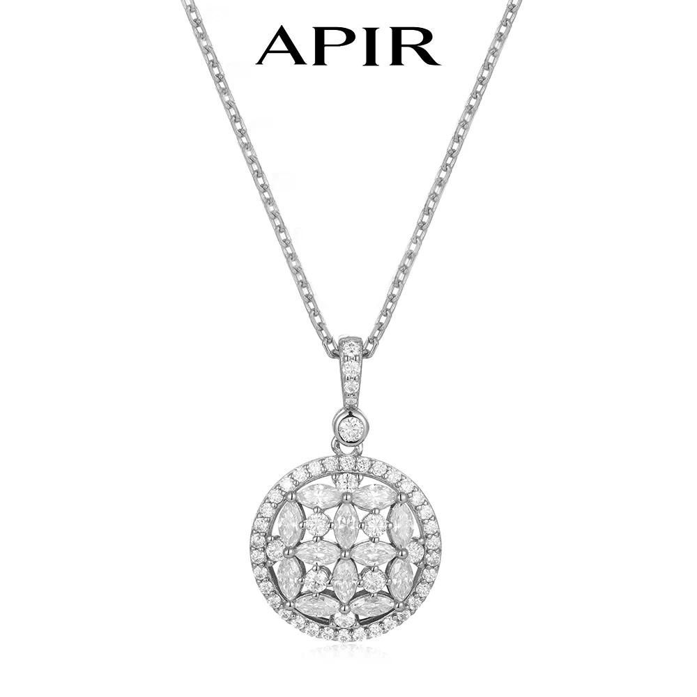 

APIR D Color Moissanite Pendant Necklace 925 Sterling Silver Round Halo Lab Diamond Necklaces for Women Luxury Fine Jewelry Gift