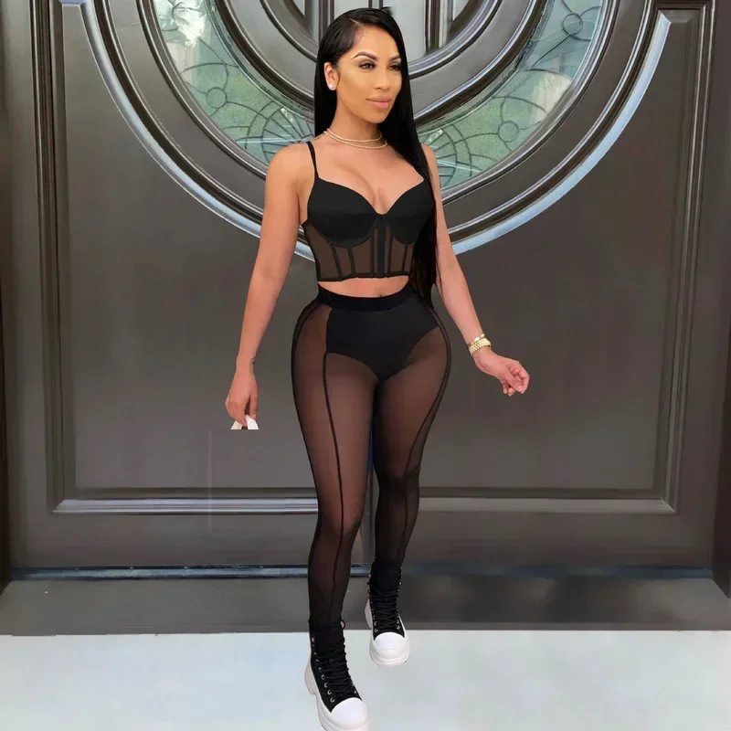 

GUWU Mesh See Though Women Two 2 Piece Set Outfit Crop Top Leggings Elegant Street Matching Set Active Tracksuit