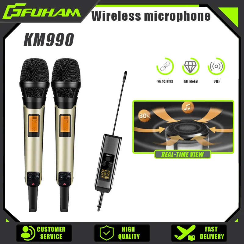 FUHAM KM990 Wireless Microphone 2 Channel UHF Metal Handheld Microphone, suitable for karaoke and professional performances.
