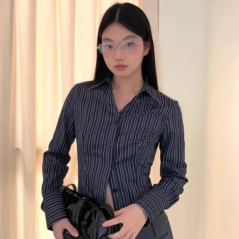 Korean Slim Office Striped Shirts Women 2025 Spring Long Sleeve Shirt Woman Fashion Turn Down Collar Y2K 2000S Blouses Female