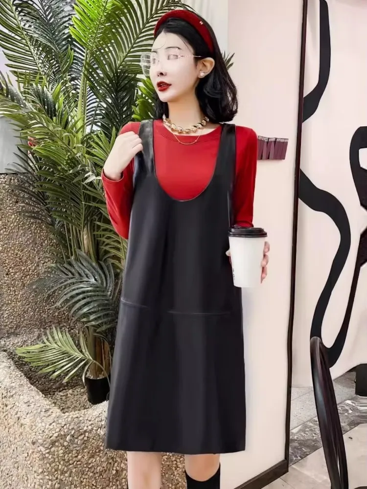 เดรสหนังแท้ทรงเอ สไตล์ลำลอง คอวี แขนกุด สำหรับผู้หญิง ใส่สบาย เหมาะกับฤดูใบไม้ร่วง สีดำ