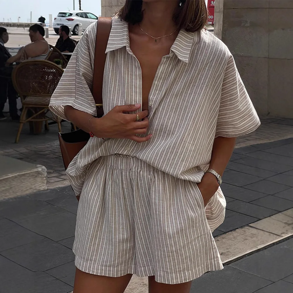 

European and American Striped Short Sleeved Shirt Shorts Set, Casual Loose Single Breasted Top High Waisted Shorts Two-Piece Set