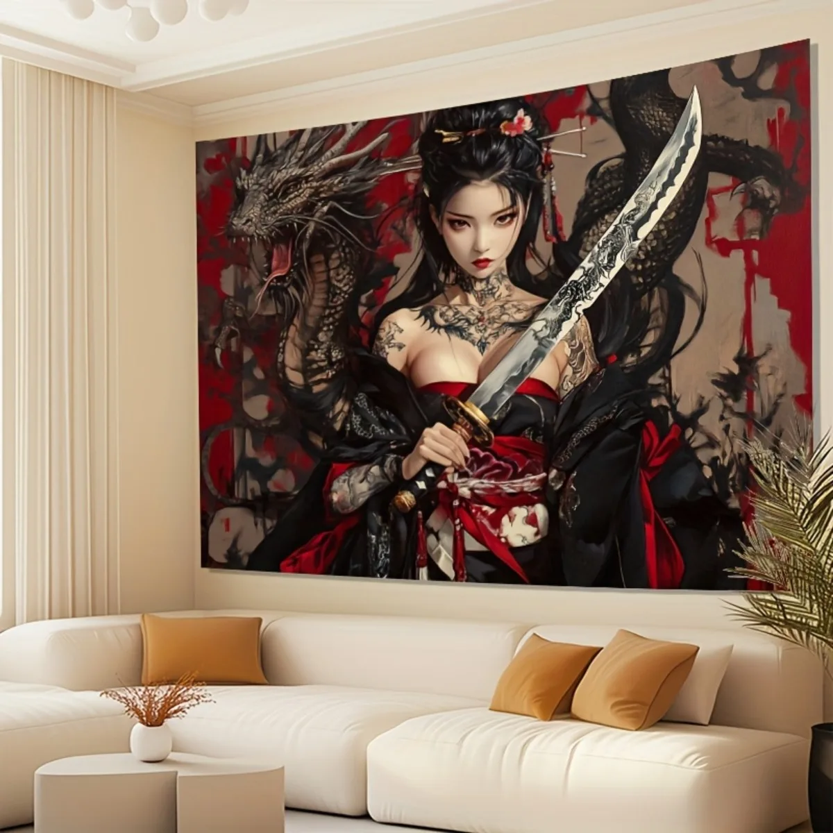 Red Black Ink Splash Japanese Geisha Female Samurai Dragon Katana Tapestry Traditional Japanese Wall Hanging Decor For Home Part