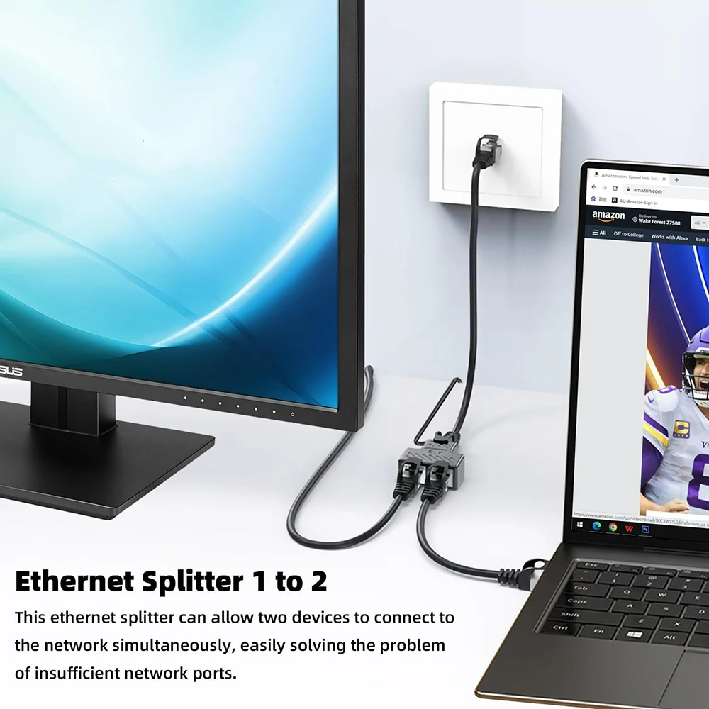 100Mbps Ethernet Splitter Adapter with Power Cable RJ45 LAN 1-in 2-out Network Switch for Router Two PCs Simultaneous Networking