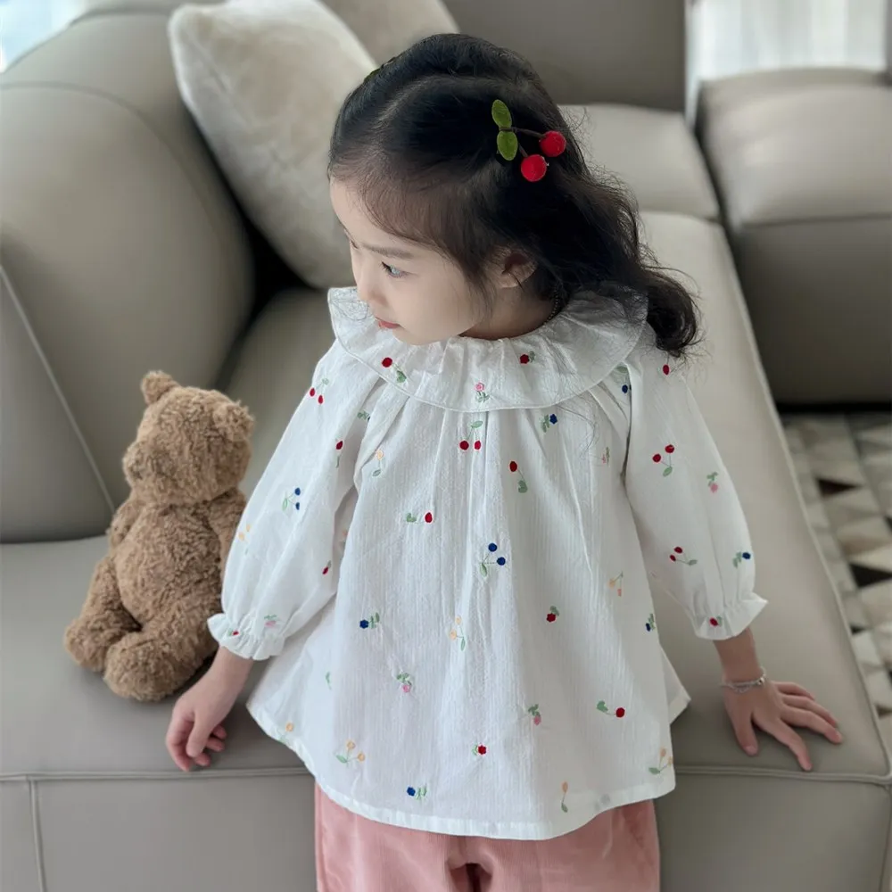 

Autumn baby girl clothes kids tops cotton whiter t-shirt Colorful cherry embroidered lotus leaf lapel top