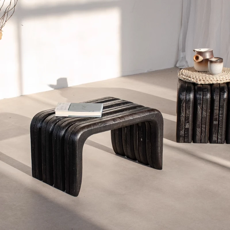 Solid Wood Entryway Shoe Stools Creative Multi-Functional Change Shoe Stool Wabi-Sabi Style Hallway Ottoman Compact Low Table