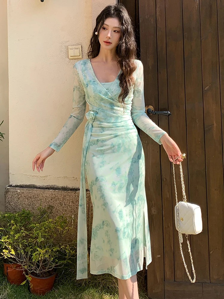 

Holiday Clothes Mesh Floral Print 2 Pieces Outfits Women Bandage Cardigan Coat Tops Sexy Strap Slit Folds Robe Dress Sets Lady