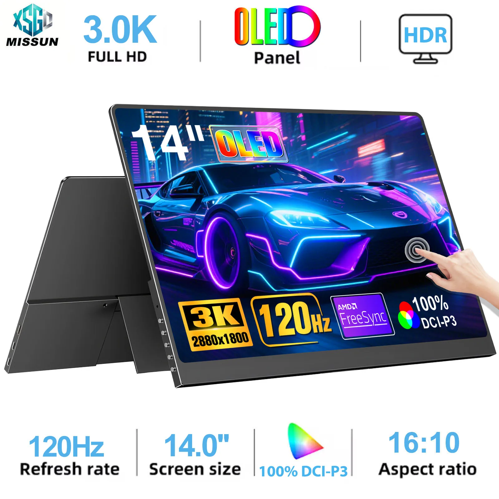 14-inch OLED Touch Screen 120Hz Gaming Monitor Portable 3K 1MS Eye Care Display USB C HDMI For Laptop Mac Phone Mini PC PS5 VESA