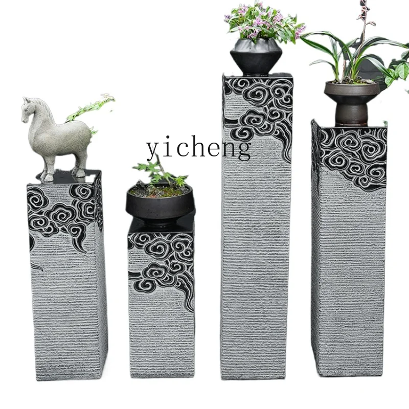 

ZK Chinese Living Room Entrance Domestic Ornaments National Style Creative Floor Imitation Stone Column Flower Rack Base