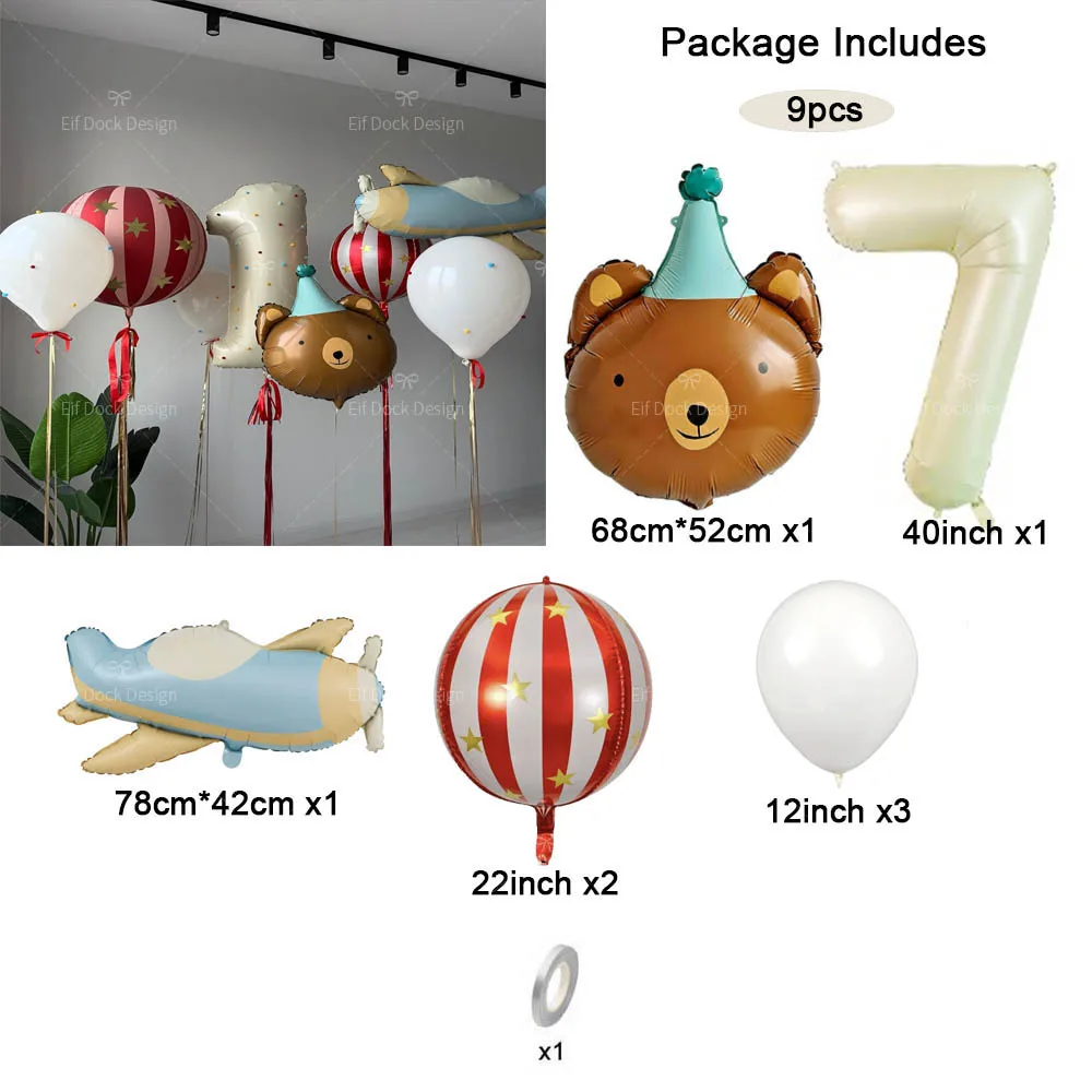 9-teiliges Set Cartoon Matte Flugzeug- und Niedliche Bären-Folienballons mit Roten Streifen und Zahlenballons für Geburtstagsfeiern und Jubiläumsdekorationen – Detail 7