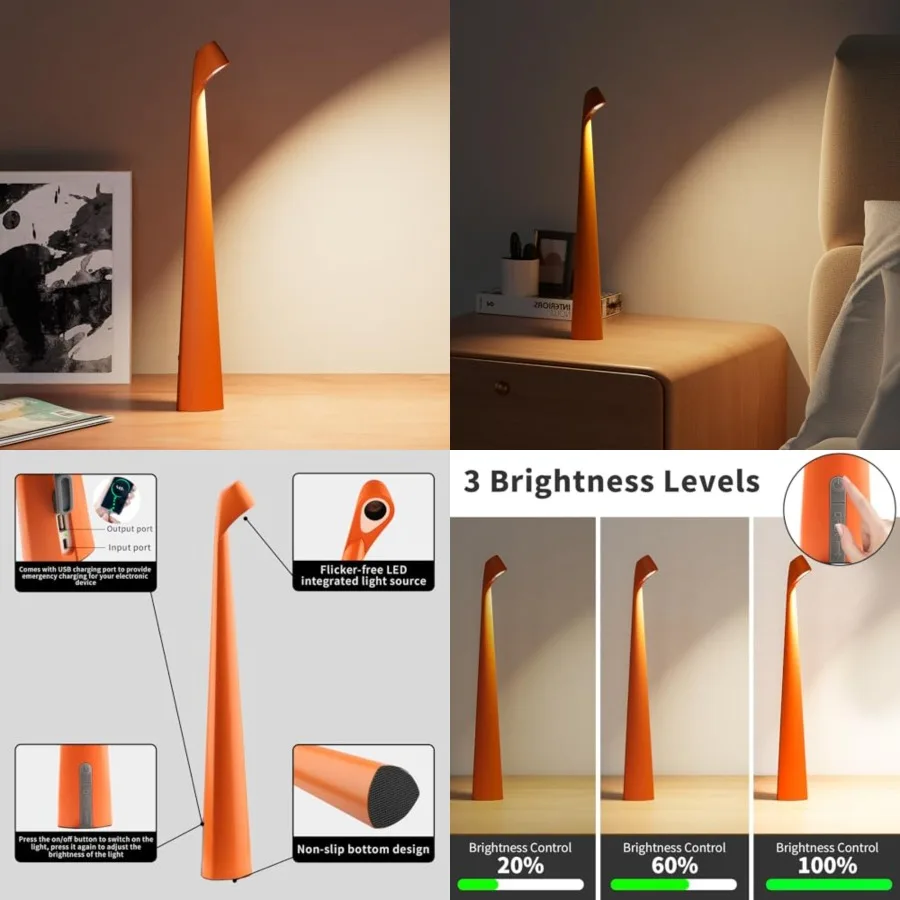 

Portable Cordless LED Desk Lamp, Rechargeable Wireless Table Lamp, 3-Level Brightness, Patio and Bedside Night Light, Dining Ro
