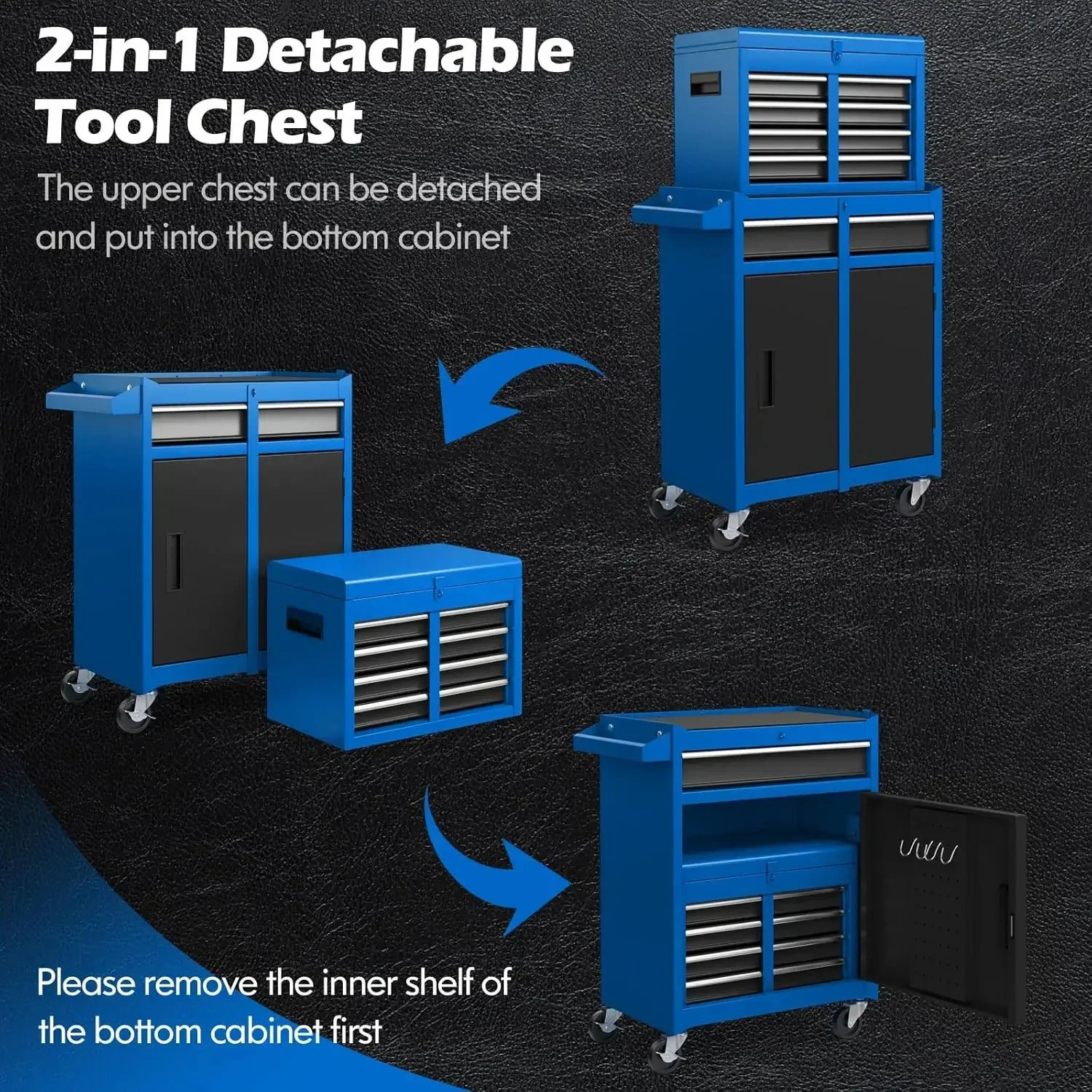 Tool Chest Rolling Cabinet Detachable Top Toolbox Lockable Wheels Lock Bar Protective Liner Tool Rack Metal Storage Cart Garage