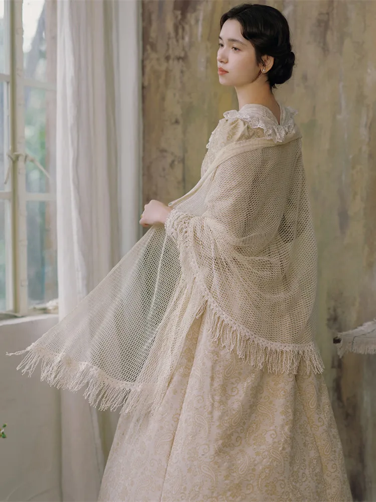 

Women Wraps Mori Girls Elegant Hollow Out Tassl 100%Cotton All-Match Shawls Scarf Korean Fashion Width 95cm Length 234cm Shawl