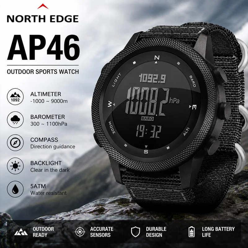 NORTH EDGE APACHE-46 Men Digital Watch Outdoor Sports Running Swimming Outdoor Sport Watches Altimeter Barometer Compass WR50M