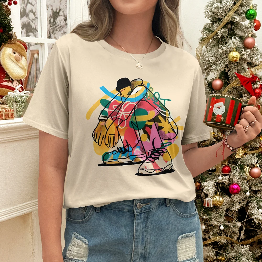 

Абстрактный гуманоидный узор, бежевая женская футболка, повседневный стиль, летняя модная футболка с круглым вырезом и коротким рукавом, большие размеры Y2K