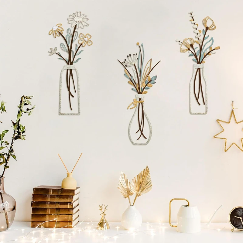 1/3 Stück Metallvase Blumen Wanddekoration Kunst - Moderne Stil-Dekoration Metall-Wandkunst-Dekor für Zuhause, Schlafzimmer, Esszimmer, Einweihungsfeier