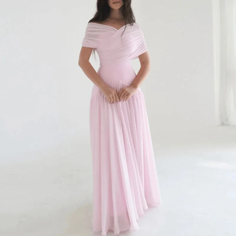

Temperament High Waist Simple Party Dress Summer New Off Shoulder Banquet Maxi Dresses Elegant Solid Color Pleated Evening Dress