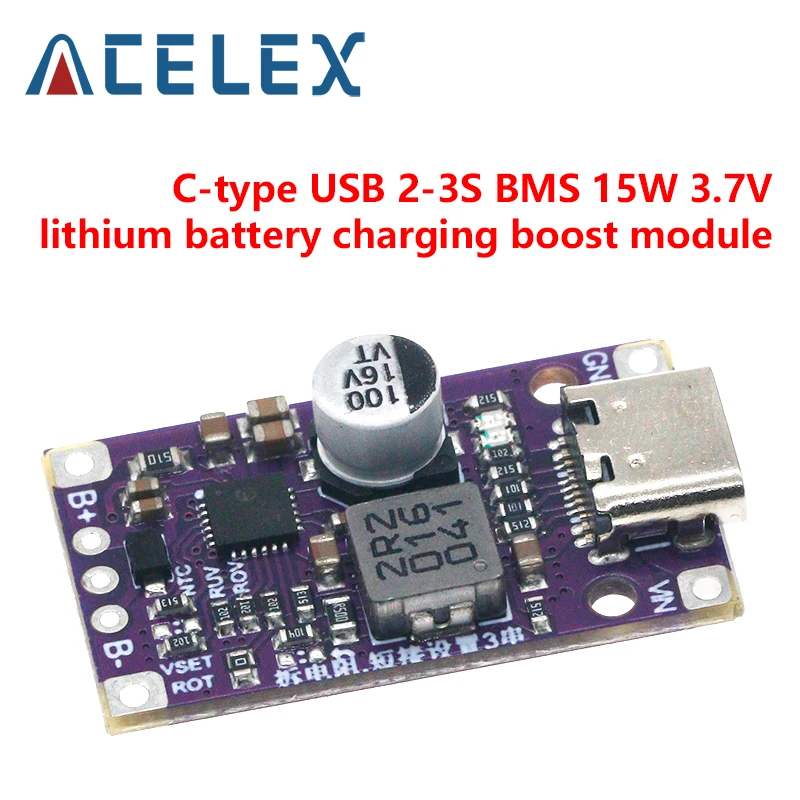 Moduł Boost ładowania baterii litowej typu C 2-3S BMS 15W 3.7V ze zrównoważonym wsparciem QC szybkie ładowanie ze wskaźnikiem