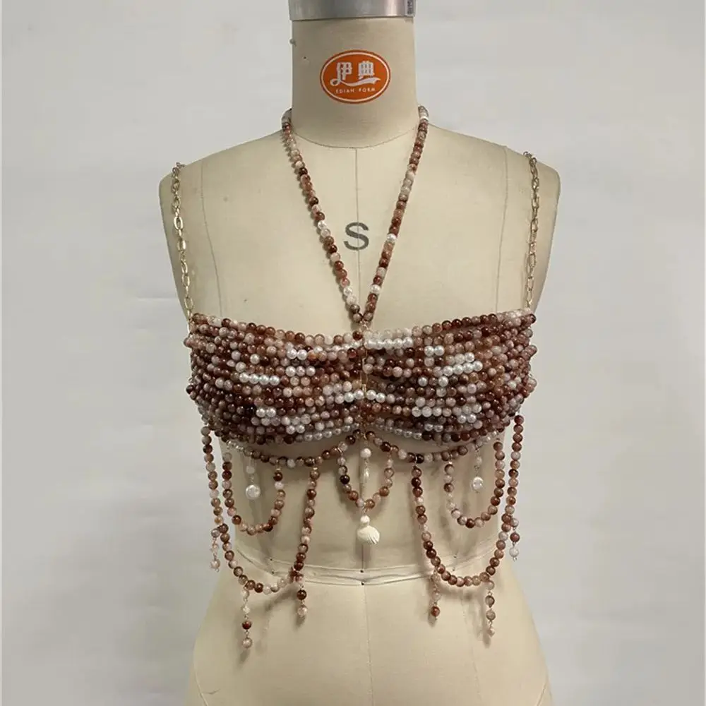 스파이시 걸 스타일 비즈 목걸이 바디 체인 탑, 조개 펜던트와 프린지 멀티 레이어 체인 비치 레이어드 액세서리