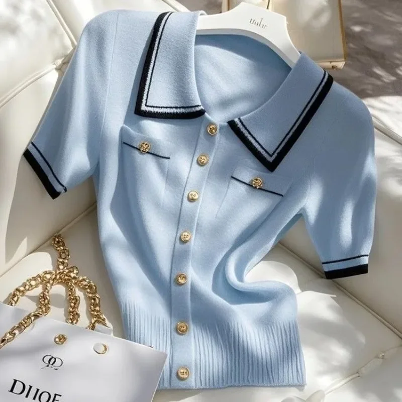 Korean Buckle Single Breasted Lapel Blouse Color Contrast Blue Knit Sweater T-shirts Casual Slim Fit Elastic Elegant Office Lady