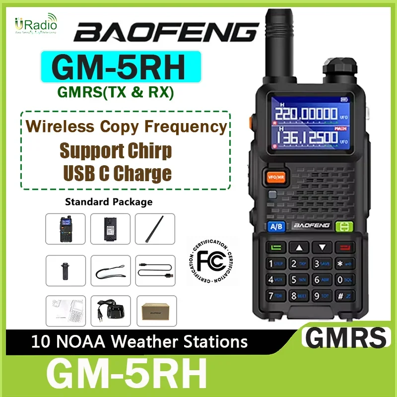 

Baofeng GM-5RH GMRS Walkie Talkie UV-5G Plus Radio FCC Support Chirp TypeC Charge 999CH Wireless Frequency Copy NOAA Long Range