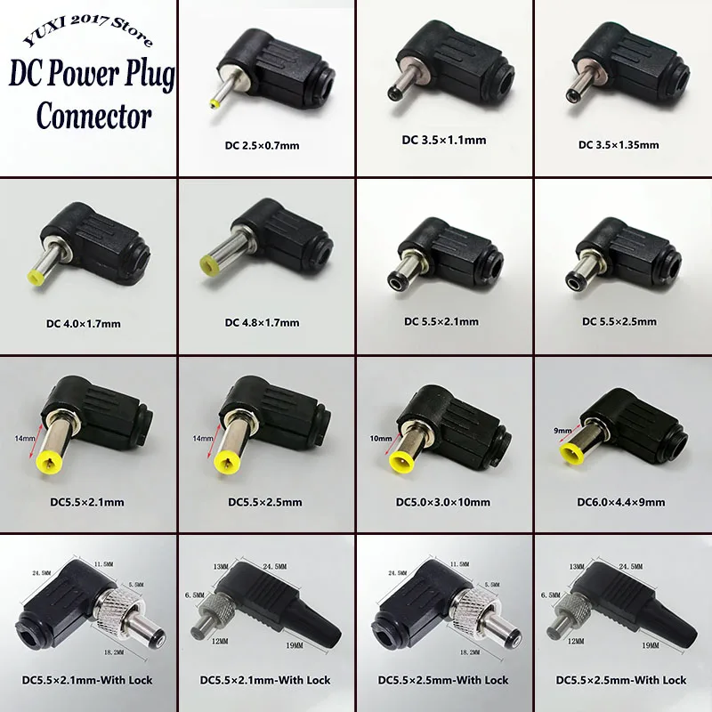 1/2/5PCS 90 Degree Right Angle DC Power Male Plug Connector Kit Various Sizes For CCTV Camera Laptop Wiring Repair