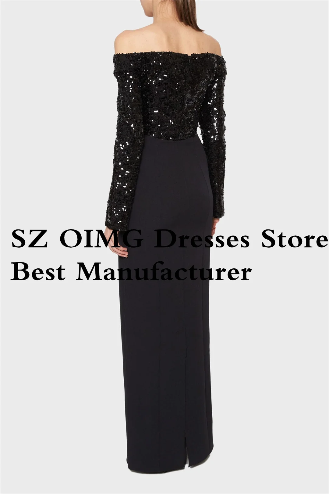 OIMG Black Sequined Prom Dresses Long Sleeves Off the Shoulder Crepe Satin Zipped Ruched Evening Gowns Formal Party Dress