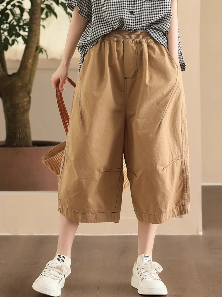 

Women Casual Wide Leg Pants New Arrival 2025 Summer Simple Style Solid Color Loose Female Cotton Calf-length Pants M1335