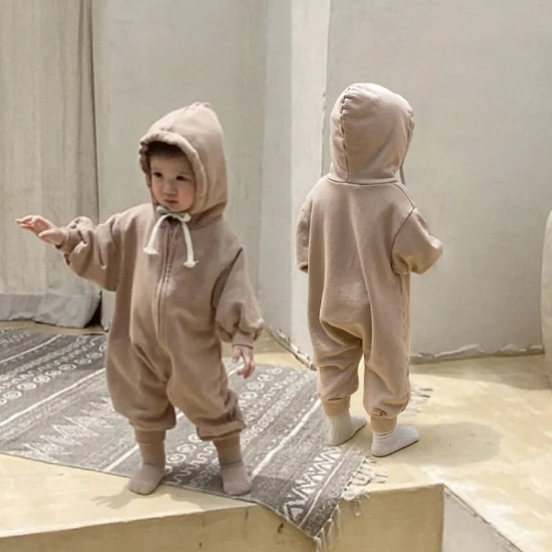 

Baby Velvet Padded Jumpsuit 2022 Autumn and Winter Hooded Diagonal Zipper Boy's One Piece Clothes Girl Climbing Clothes