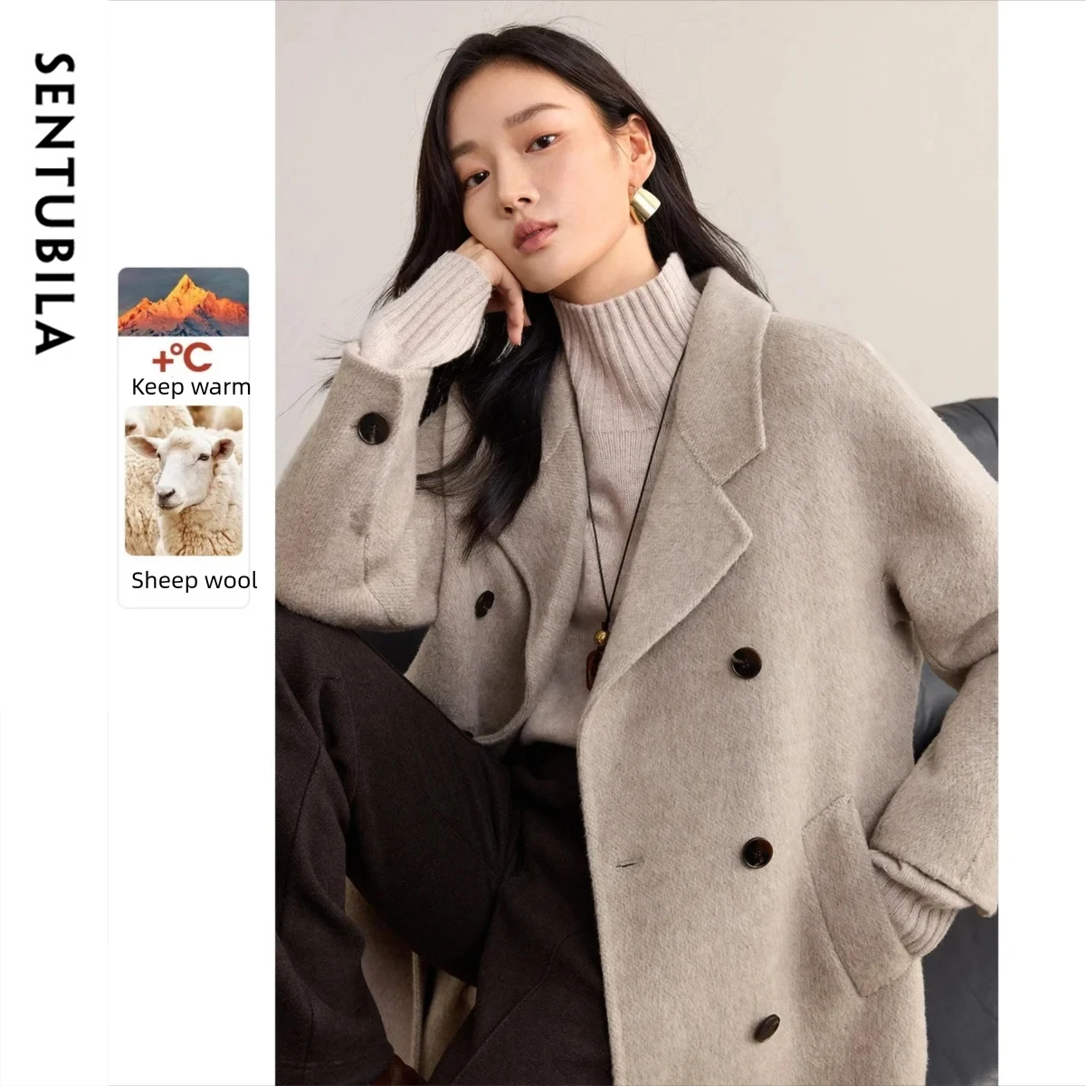 

SENTUBILA женское шерстяное длинное пальто 2025, зимние однотонные куртки в британском стиле, свободная двусторонняя шерстяная верхняя одежда W54OA8790
