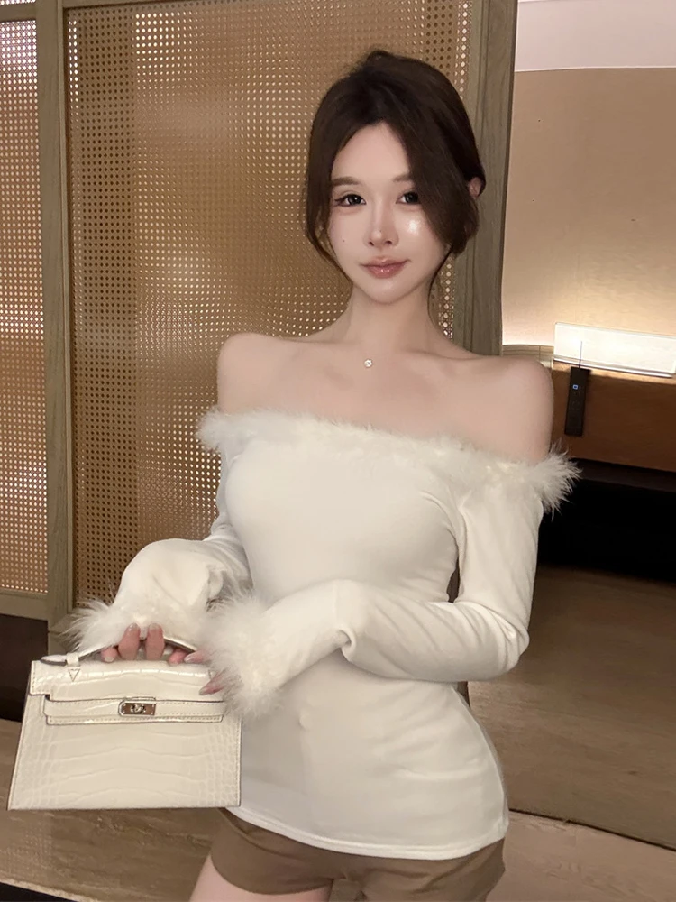 Sexy One-Shoulder Fleece Splice Long Sleeve Base Shirt T-Shirt Pure Desire Style Exposing Clavicle Slimming Top for Women