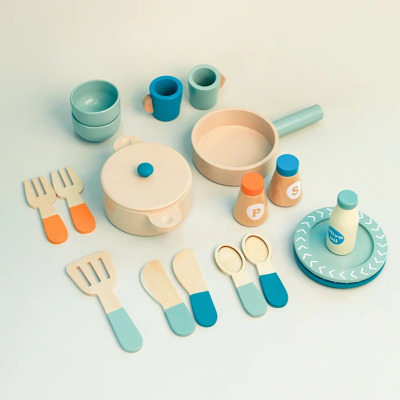 Hölzerne Küche, Rollenspiel-Set, Montessori-Simulationsplatten, Geschirr, Zubehör, Küchenspielset, Spielzeug für Kleinkinder, Geschenke ab 3 Jahren – Detail 17