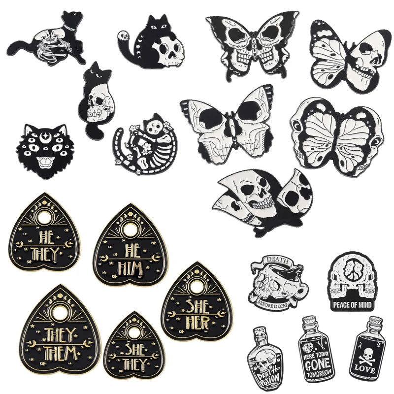 

Dark Skeleton Skull Enamel Pins Custom Butterfly Cat Book Dagger Planet Halloween Brooches Lapel Badges Punk Gothic Jewelry Gift