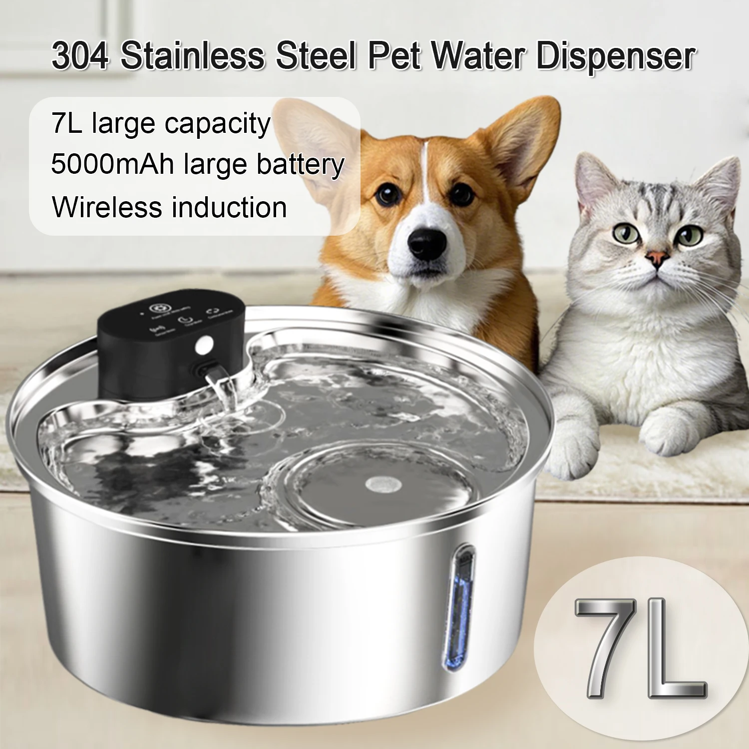 

7L All-Stainless Pet Water Dispenser with 5000mAh Battery Capacity 2A USB and 3m Wireless Sensing Intelligent Dog Water Fountain