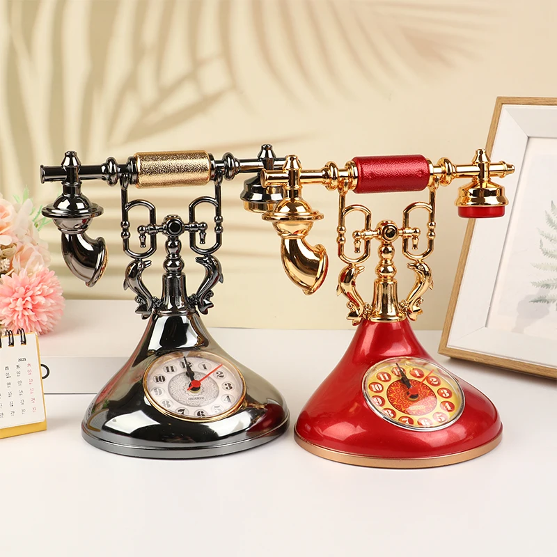 1pc Retro Alarm Clock Telephone Model Creative Timekeeper Desktop Ornament For Home Room Bedside Table Decoration
