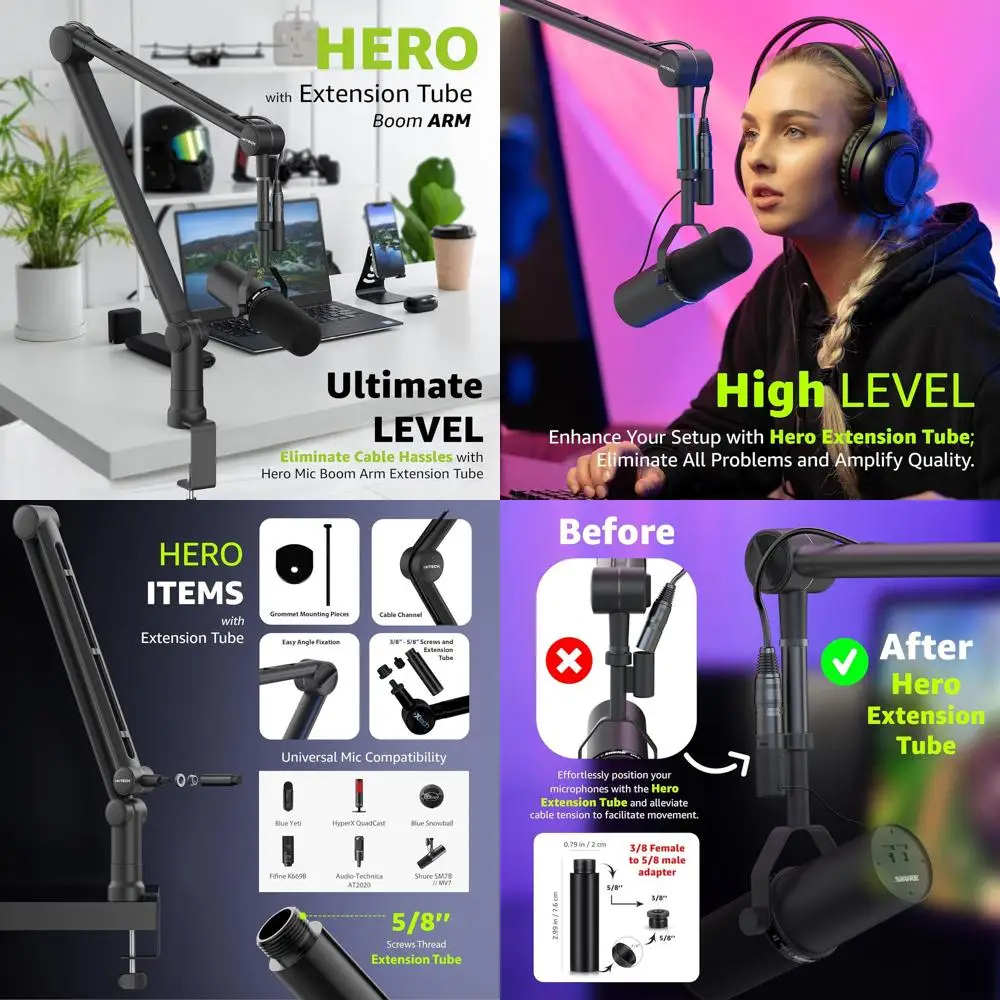

Upgraded Boom Arm with Extension Tube for SM7B/MV7, Sturdy Steel Scissor Stand for Podcasting and Gaming