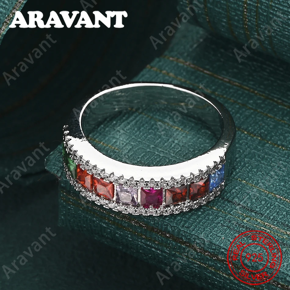 925 Sterling Silver Rainbow Diamond Zirconia Round Ring For Women, Commuter Accessories, Christmas Gift Jewelry