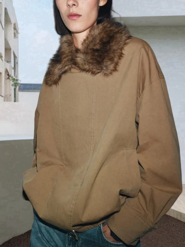 عارضة Sle الفراء الاصطناعي طوق الطيار Jaet جديد الخريف المرأة Faion ملابس خارجية سستة إغلاق طويل Sve اللون