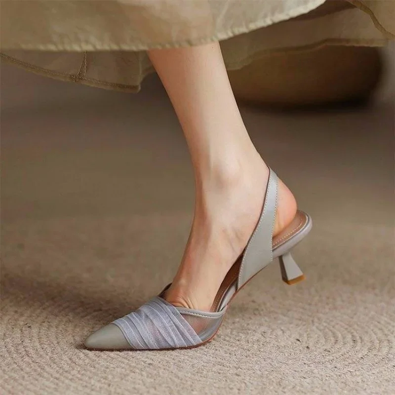 For Party and Weddings Summer 2024 Sandals Women Pointed Toe Ladies Shoes Lace with Medium Heels Footwear Chic Elegant Casual H