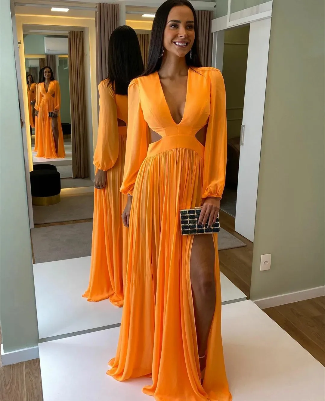 Elegant Long Orange V-Neck Evening Dresses A-Line Chiffon Side Slit Floor Length فساتين السهرة Prom Gowns for Women