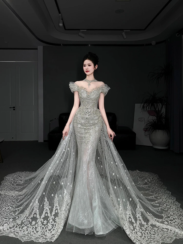 Customizable Classic Luxury Off Shoulder Short Puff Sleeve Lace Mermaid Gown Lace Up Sweep Train Bridal Gowns