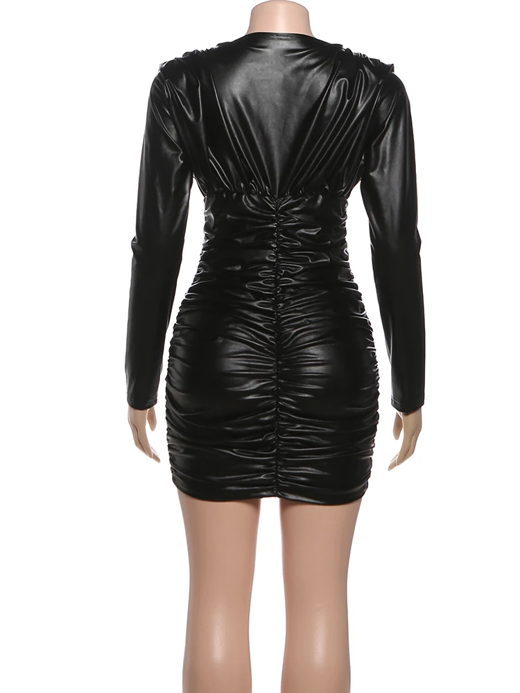 Nibber Autumn Trend Dress Women Sexy Faux Leather Folds Full Sleeve Hottie Skinny Midnight Street Simple Classic Mini Bodycon